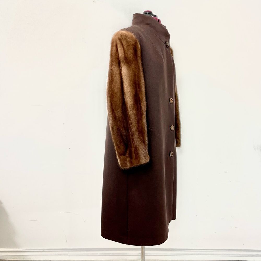 Vintage 1960s Brown Wool & Mink Collar Coat 60s Winter Coat Diane Original XL